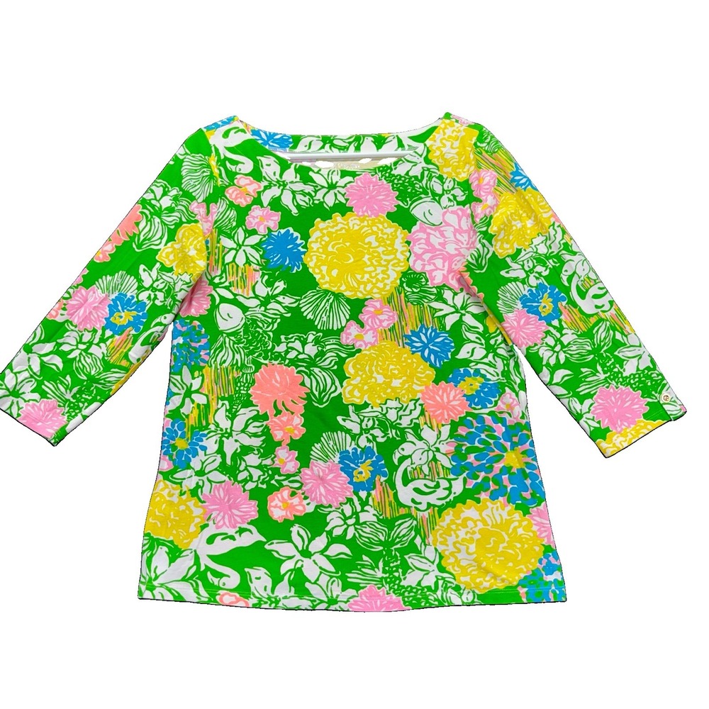 Lilly Pulitzer Juline Top Womens L Hibiscus Stroll Boatneck Floral 3/4 Sleeve